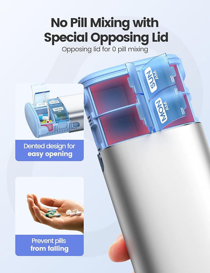 Vaydeer Metal 7 Day Pill Organizer 2 Times a Day – AM PM Weekly Travel Pill Case with Moisture-Proof Desiccant, Airtight Large Capacity Pill Box for Vitamins, Medications & Supplements (Blue)