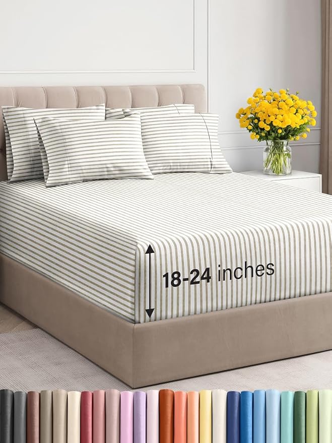 Extra Deep Cal King Sheet Set - 6 Piece Breathable & Cooling Sheets - Hotel Luxury Bed Sheets Set - Easy Fit - Soft, Wrinkle Free & Comfy Sheets Set - Beige Striped Sheet Set with Extra Deep Pockets