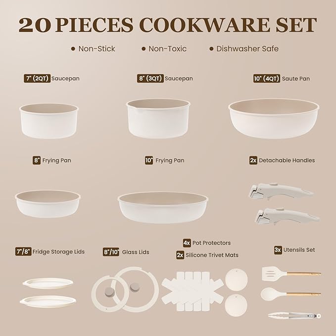KIKCOIN Ceramic Cookware Set, 20 Pack Nonstick Pots and Pans Set with Detachable Handles, Healthy Frying Pans, Induction Dishwasher Oven Safe Kitchen Set, PFAS PFOA & PTFE Free