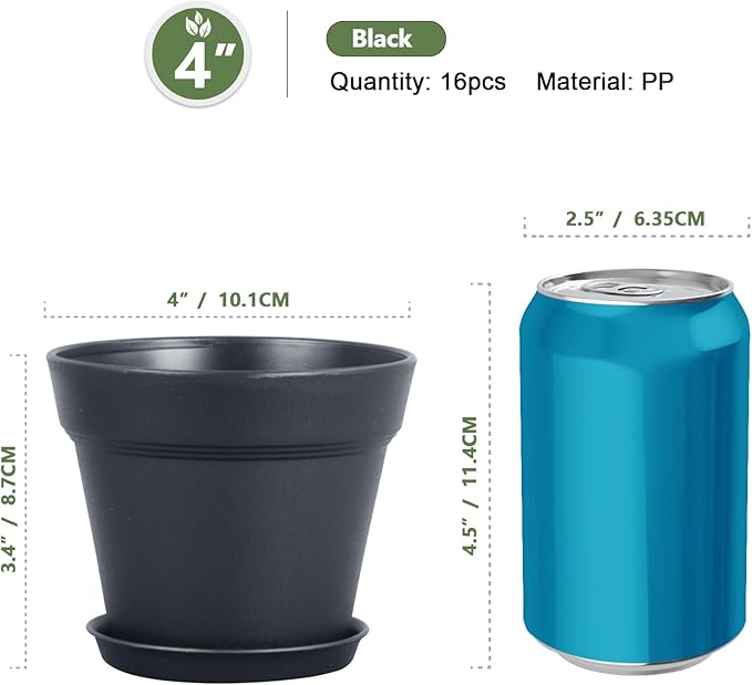 4 inch Small Plastic Nursery Pots, 16 Pack Plant Pots
