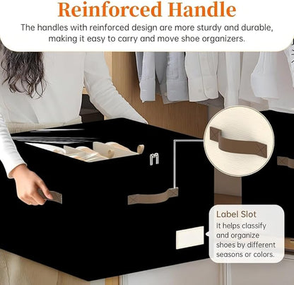 3 Pack Shoe Organizer for Closet, Foldable Shoe Storage Containers, Fits up to 24-48 Pairs, Shoe Storage Organizer Box Cubby Baskets Bins with Clear Cover and Reinforced Handles, Black