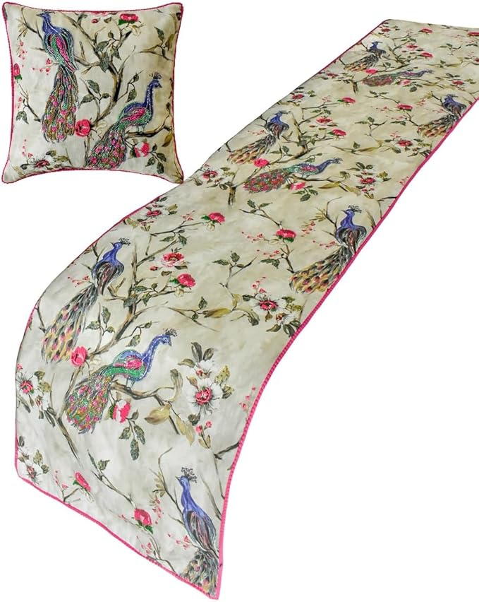 The HomeCentric King/Queen/Twin Pink & Purple Decorative Full 68"x18" Bed Runner with One Pillow Cover, Peacock, Beaded, Pom Pom Lace Bed Scarf on Cotton Fabric - Pavo Paradiso