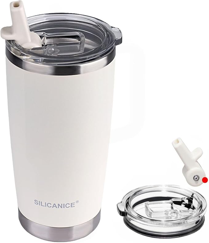 White 20oz Tumbler with Patented Easy-Clean Lid | Leakproof & No-Scrub Design Detach Straw Carbonated Drink Stainless Steel Vacuum Insulated,Durable Travel Iced Coffee Mugs Cups