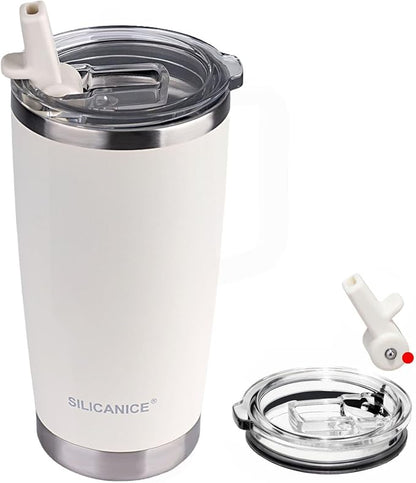White 20oz Tumbler with Patented Easy-Clean Lid | Leakproof & No-Scrub Design Detach Straw Carbonated Drink Stainless Steel Vacuum Insulated,Durable Travel Iced Coffee Mugs Cups