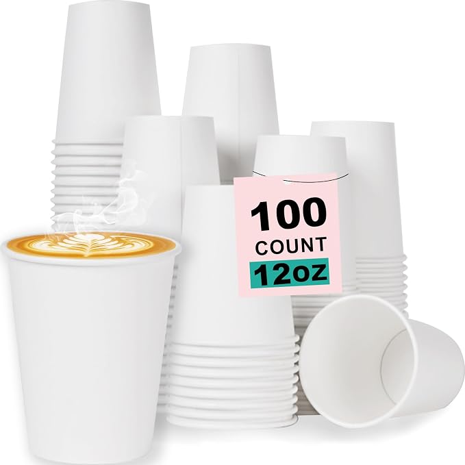12 oz 100 Pack Disposable Coffee Cups, Bulk White Disposable Paper Cups