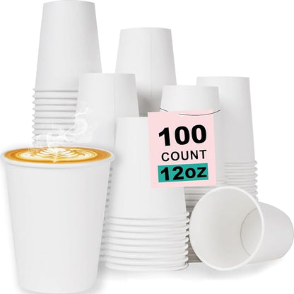 12 oz 100 Pack Disposable Coffee Cups, Bulk White Disposable Paper Cups