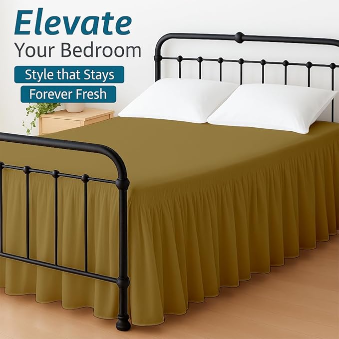 Shreem Linen Ruffled Bed Skirt with Split Corners, Gathered Style, 100% Microfiber, 12-Inch Drop, Dust Ruffle Bedskirt with Platform, Twin-XXL, Taupe