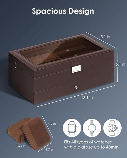 Watch Jewelry Box Organizer, 6-Slot 2-Layer Watch Case and Sunglasses Storage with Large Glass Lid, Men's Jewelry Box with Lock, Watch Holder Display Case, Gift for Men Women