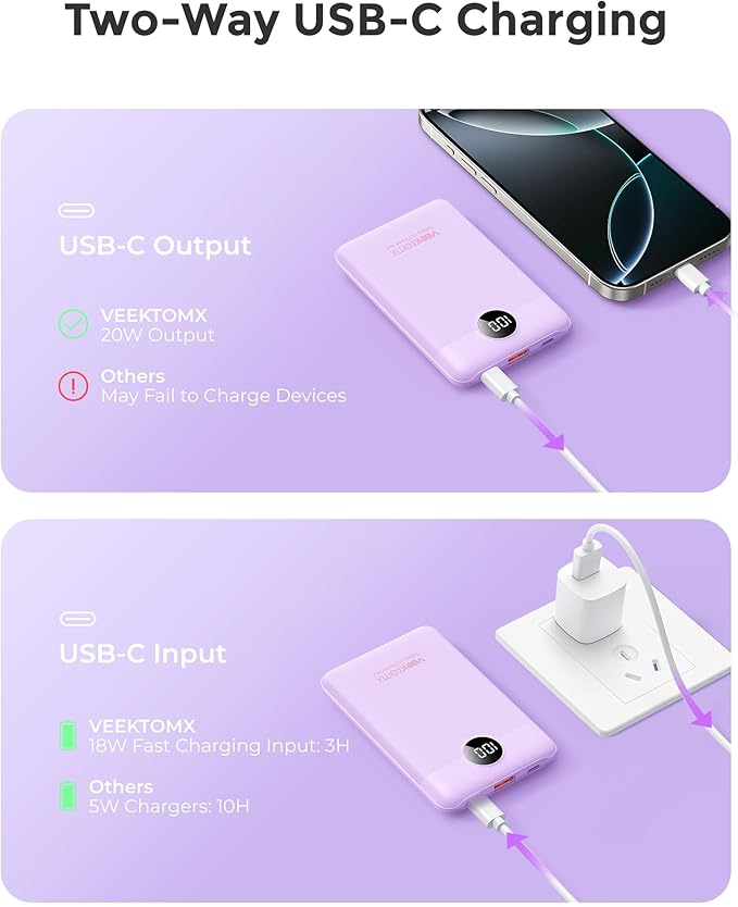 VEEKTOMX Small Portable Charger, Mini Power Bank 10000mAh, PD 22.5W Fast Charging USB-C Battery Bank, Travel Essentials Dual Voltage External Portable Powerbank for iPhone/Samsung/Google Pixel, Purple