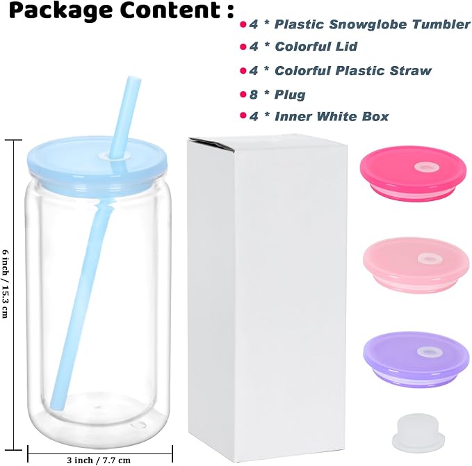 16 Oz Plastic Snowglobe Tumbler, 4 Pack Pre-Drilled Double Wall Plastic Clear