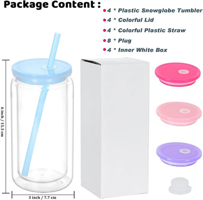 16 Oz Plastic Snowglobe Tumbler, 4 Pack Pre-Drilled Double Wall Plastic Clear