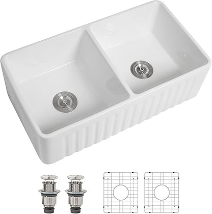 Dcolora Double Bowl Farmhouse Kitchen Sink Reversible Front Apron White Fireclay Ceramic Sinks Undermount Barn Sink 33"W×18"D×10"H,DC-A8871