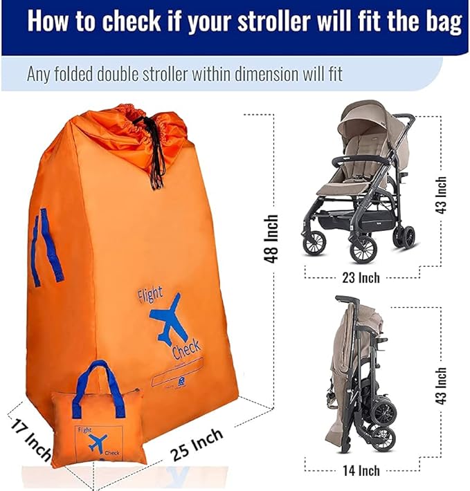 Alnoor USA Gate Check Bag for Single & Double Stroller Travel Bag for Air Plane | Extra Large & Ultra Durable - Includes Padded Shoulder Straps for Comfort & Durability With Pouch – Bonus E-Book