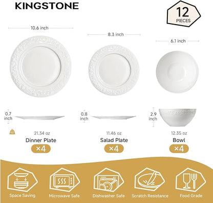 12Pcs Vintage Relief White Bone China Set, Service