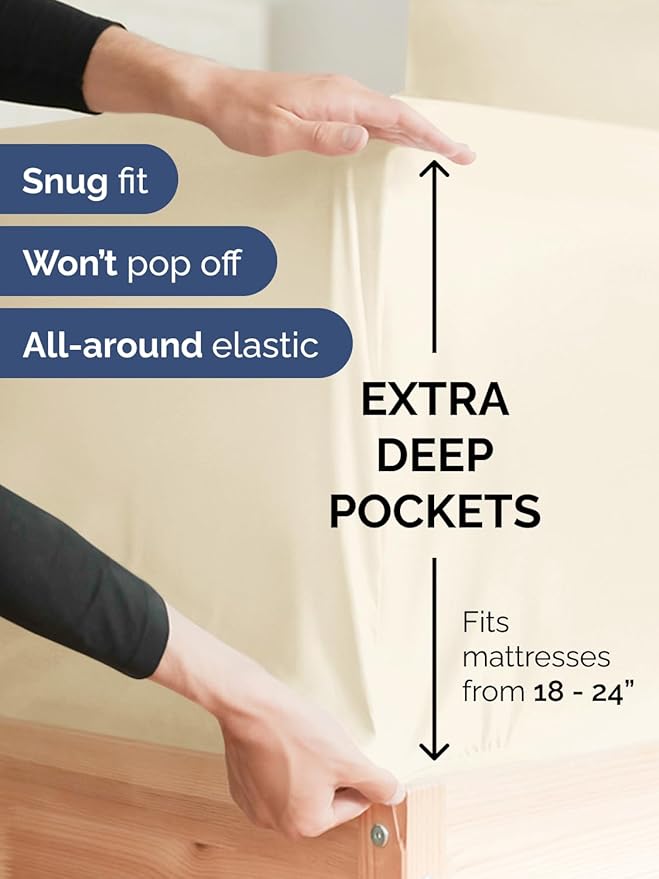 Extra Deep King Fitted Sheet - Hotel Luxury Single Fitted Sheet Only - Easily Fits 18 inch to 24 inch Mattress - Ultra Soft, Wrinkle & Fade Free w/Extra Deep Pockets - Breathable & Comfy - Off White