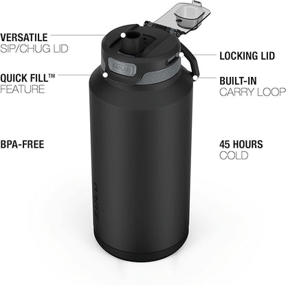 ZULU Powerfill Pro 64oz Half Gallon Stainless Steel Water Bottle with Quick Fill Lid, Triple Walled Vacuum Insulated Metal, Leak Proof Locking Lid, Sip and Chug, Reusable BPA Free, Black Monochrome