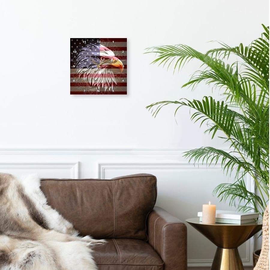 3dRose Wall Clock Silent - 15 inch - Ornate Patriotic Bald Eagle and USA American Flag Pride Great for Fourth of July Independence Day - Patriotic Designs