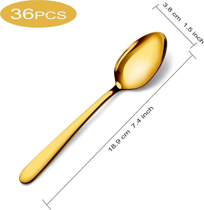 Pleafind 36Pcs Gold Dinner Spoons Set - 7.4 inch, Spoons Silverware, Stainless Steel Spoon, Mirror Polished Tablespoon, Gold Silverware Set for Home, Kitchen, Restaurant, Dishwasher Safe
