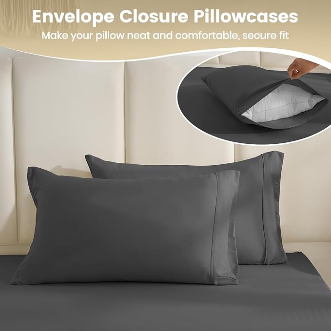 California King Sheet Sets,Hotel Luxury 4 Piece Breathable Cooling Sheet Fits 16" Deep Pocket Mattress, Easy Care Wrinkle Free Bedding Sheet and Pillowcase Bed Sheet Cal King Size,Dark Gray