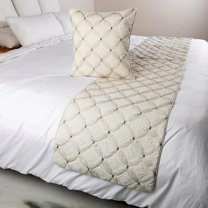 The HomeCentric King Queen Twin Ivory Bed Runner with 2 Decorative Throw Pillow Cover, Full Size 68"x18" Bed Runner with Pillow Cover, Linen Quilted & Embroidery, Modern Contemporary - Tender Love
