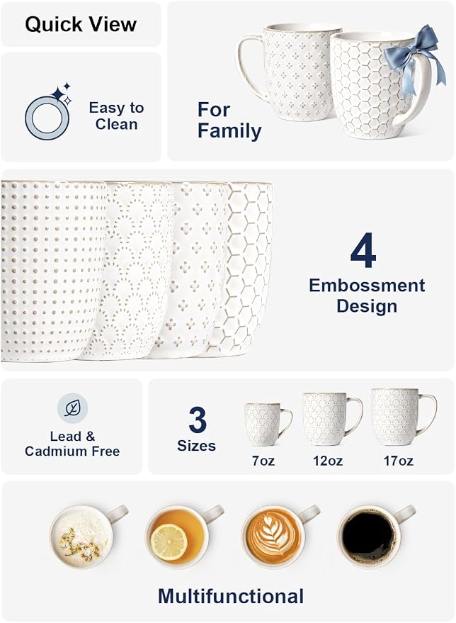 LE TAUCI Coffee Mugs 16 oz, Ceramic Mug Set, Embossment Cups