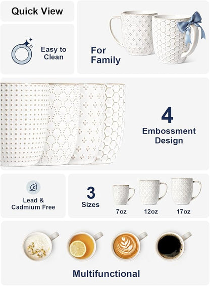 LE TAUCI Coffee Mugs 16 oz, Ceramic Mug Set, Embossment Cups