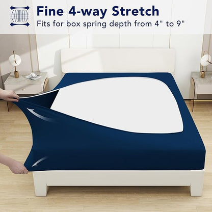 PureFit Stretchy Box Spring Cover - Elastic Fitted Wrap Around 4 Sides, Wrinkle & Fading Resistant, Queen Size, Navy