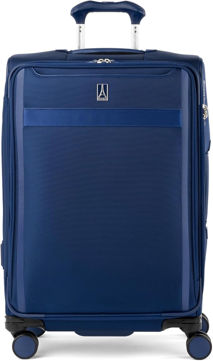 Travelpro VersaPack+ Lightweight Softside Expandable Checked Luggage, 8 Spinner Suitcase, TSA Lock, Men and Women, Checked Medium 25-Inch, Estate Blue