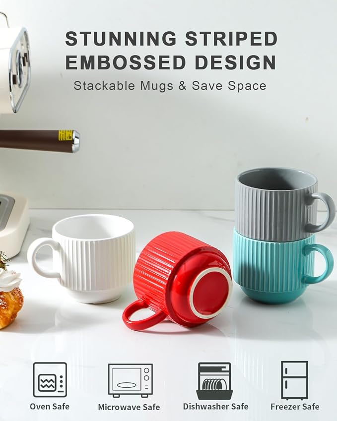 HASENSE Ceramic Coffee Mug Set of 4 - 15 oz Stacking Ribbed Latte Cups Set