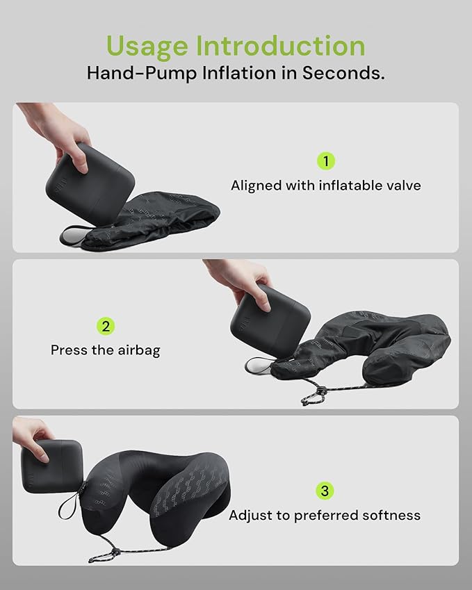 BENEUNDER Travel Neck Pillow for Airplane, Inflatable Compact 360°Head Support Pillow, Comfortable Breathable Cover for Travel, Train,Car with Storage Bag, Black