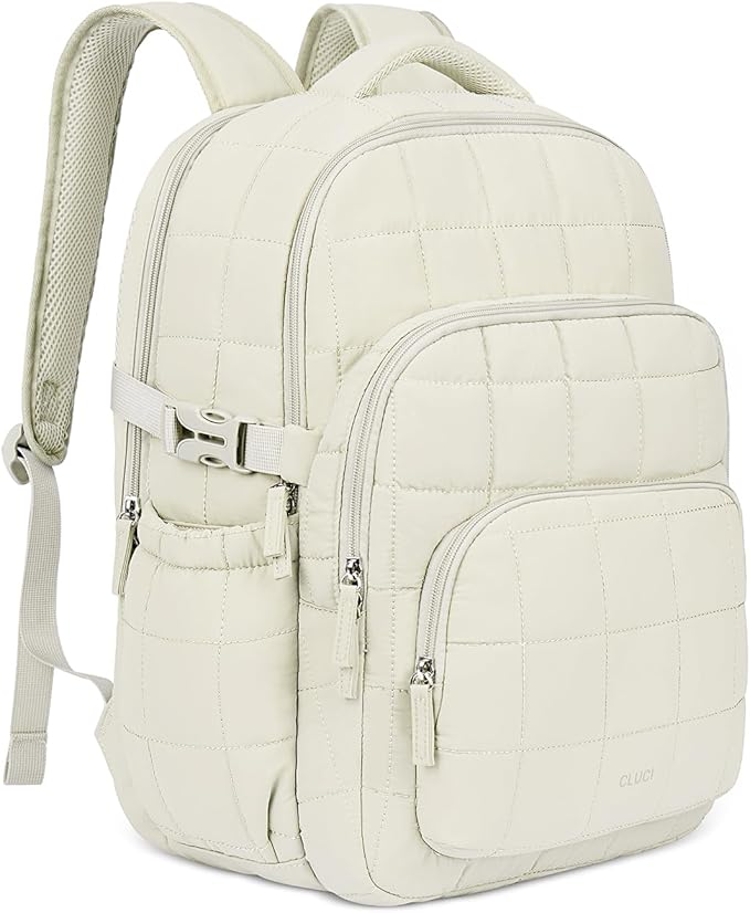 CLUCI 17.3 Inch Laptop Backpack for Women, Anti Theft Travel Backpack, Puffer Quilted Work Backpack, Water Resistant College Bookbag, Carry on backpack with RFID (Beige)