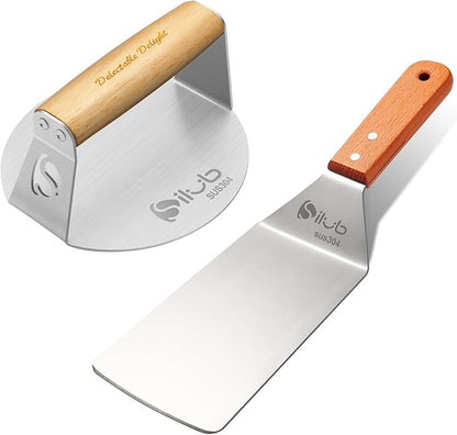 Burger Press 304 Stainless Steel Smash Burger Press with Wide Turner, 6" Hamburger Smasher Tool, Hamburger Press Perfect for Meat Weight Press, Cooking, and Burger Smasher for Grill Cooking