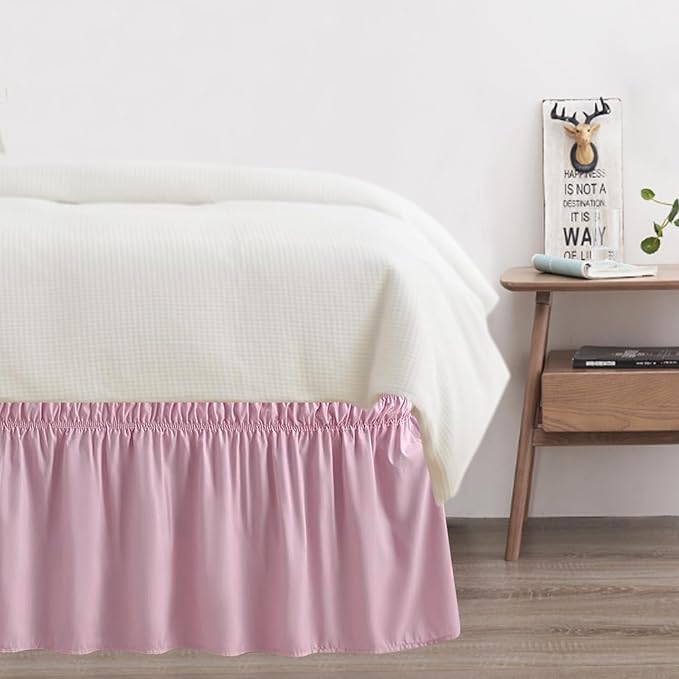 Full Bed Skirt, Elastic Wrap Around Bed Skirt Full Size, Bed Skirts for Adjustable Bed, Easy Fit with 14" Drop Length Tailored Drop Dust Ruffle (Pink)