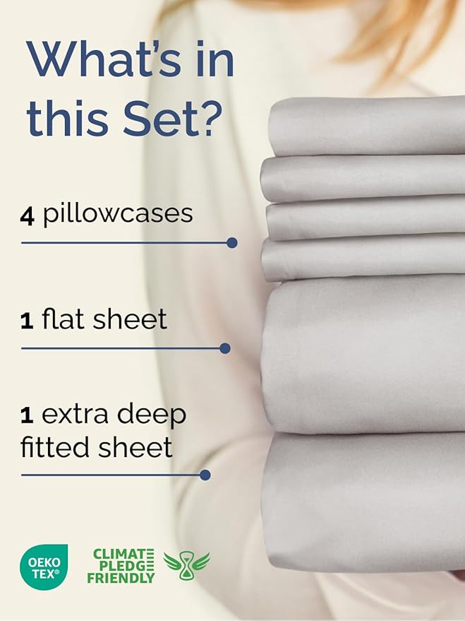 Extra Deep Queen Sheet Set - 6 Piece Breathable and Cooling Sheets - Hotel Luxury Bed Sheets Set - Easy Fit - Soft, Wrinkle Free and Comfy Sheets Set - French Grey Sheet Set with Extra Deep Pockets
