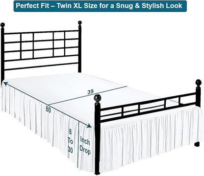 Shreem Linen Ruffled Bed Skirt with Split Corners, Gathered Style, 100% Microfiber, 12-Inch Drop, Dust Ruffle Bedskirt with Platform, Twin-XL, White