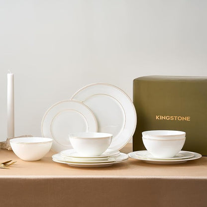 24Pcs Gold Trim White Bone China Set, Service