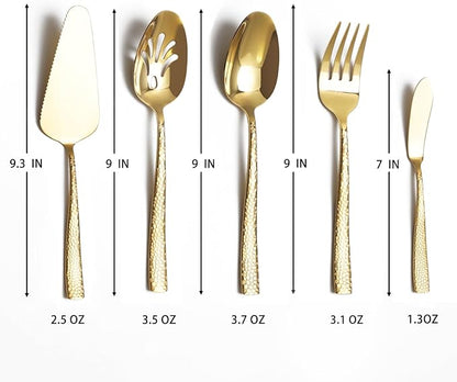 Large Hostess Serving Utensils Set, Stainless Steel Heavy Duty Hammered Serving spoons, Slotted Spoons, Serving Fork, Cake Server, Butter Knife, Dishwasher Safe (Gold)