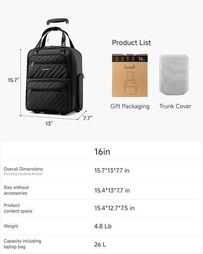 LUGGEX Underseat Carry On Luggage with Wheels, Stylish Lightweight Under Seat Luggage, Soft Sided Personal Item Suitcase for Short Trip (All Black, 16 Inch)