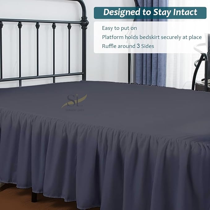 Shreem Linen Ruffled Bed Skirt with Split Corners, Gathered Style, 100% Microfiber, 30-Inch Drop, Dust Ruffle Bedskirt with Platform, Full, Dark Grey