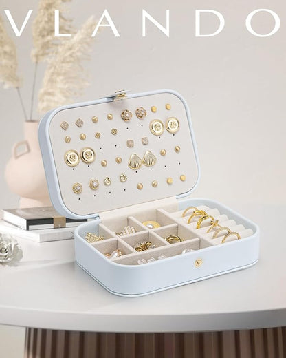 Vlando Travel Jewelry Case, PU Leather Travel Jewelry Box with Earring Holder, Portable Display Mini Jewelry Case for Mothers Day Women Girls Gift - Blue