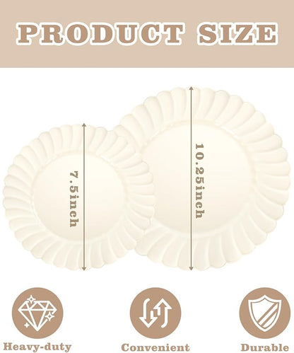 YOUBET 100PCS Ivory Scalloped Plastic Plates