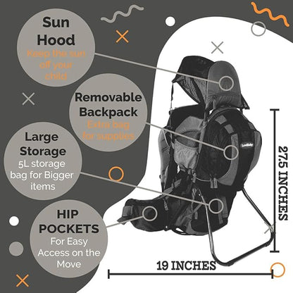 2-in 1 Baby Backpack Carrier - Ergonomic Toddler Hiking/Baby Hiking Backpack Carrier with Removable Bag, Diaper Change Pad, Insulated Pocket + Rain and Sun Hood to Protect Your Child
