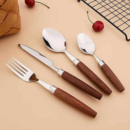 4-Piece Wooden Handle Silverware Set, BRIIEC 304 Stainless Steel Flatware Set