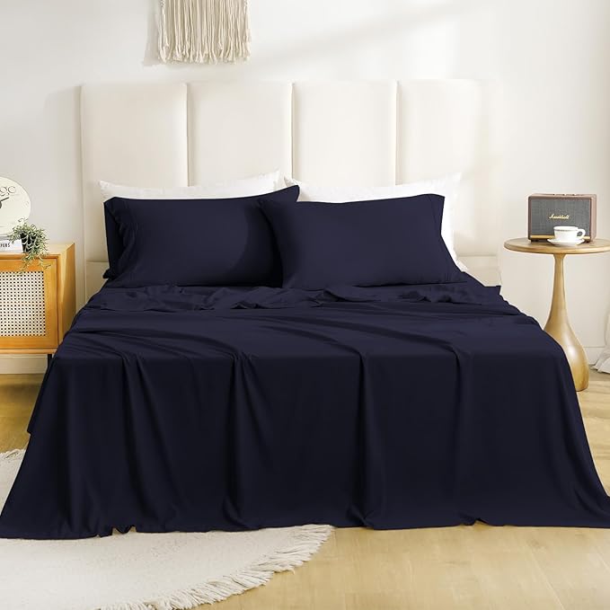 California King Sheet Set Deep Pocket - 4 Piece Silky Soft Breathable Bed Sheet & Pillowcase Set, Hotel Luxury Wrinkle Free Cooling Bedding Sheets Cal King Size, Dark Blue