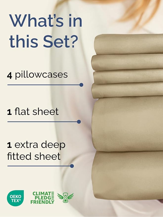 Extra Deep Queen Sheet Set - 6 Piece Breathable and Cooling Sheets - Hotel Luxury Bed Sheets Set - Easy & Secure Fit - Soft, Wrinkle Free and Comfy Sheets Set - Beige Sheet Set with Extra Deep Pockets