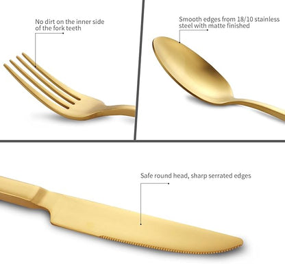 Stainless Steel Flatware Set Hand Forged 18/10 Silverware Set Cutlery Set Gold Cuboid Handle Matte Finished 20 Pieces Service for 4