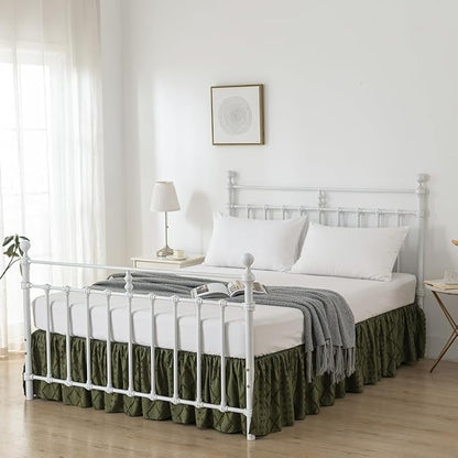 Bed Skirt King Size Ruffled Bed Skirt with Split Corners, 16 Inch Drop Dust Ruffle Bed Skirts with Platform, Boho Tufted Shabby Chic King Size Bed Skirts, Olive Green