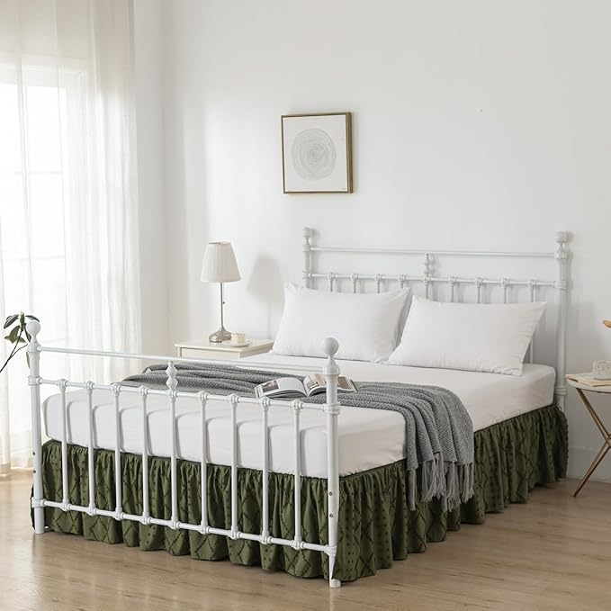 Bed Skirt King Size Ruffled Bed Skirt with Split Corners, 14 Inch Drop Dust Ruffle Bed Skirts with Platform, Boho Tufted Shabby Chic King Size Bed Skirts, Olive Green