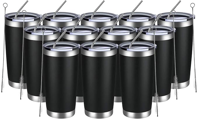 MEWAY 20oz Tumbler 12 Pack Double Wall Vacuum Insulated Travel Mug Bulk, Stainless Steel Tumblers with Lid and Straw, Durable Powder Coated Coffee Cups for Cold & Hot Drinks (Black, 12)