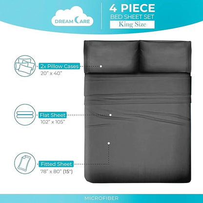 DREAMCARE King Size Sheets Set - Cooling Bed Sheets - 4pcs Set - up to 15" Deep Pocket King Sheet Set – Soft & Long Lasting Cooling - 100% Fine Brushed Polyester with Side Pocket - Dark Gray